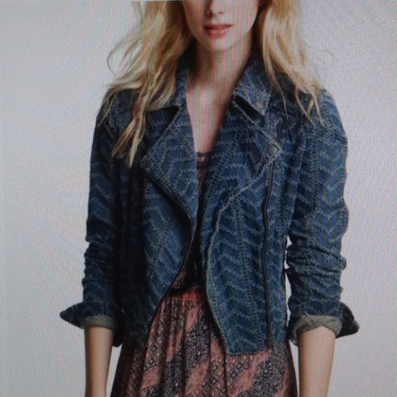 Free People blue textured denim jean moto jacket 4